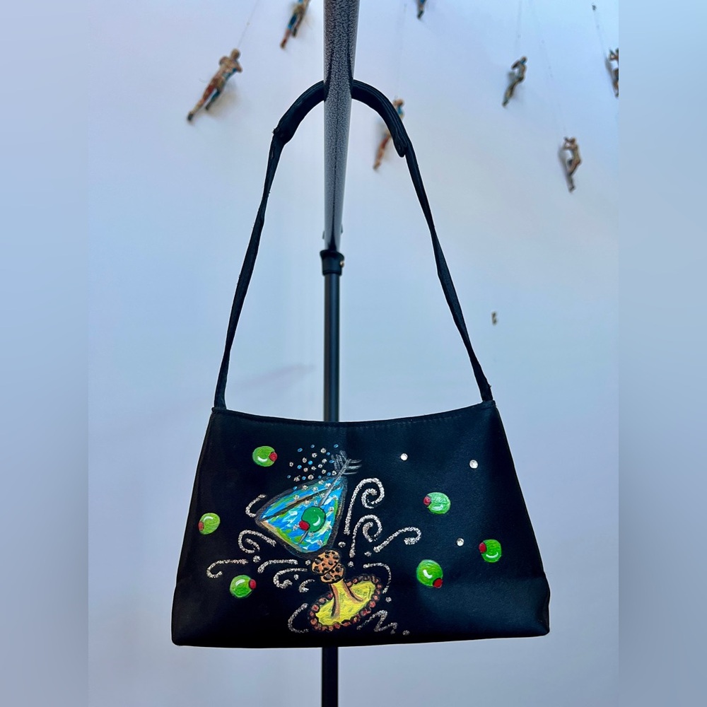 Artist Hand-Painted Small Black Handbag with Martini 🍸 Theme